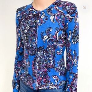 100% Cashmere Sweater Medium Cardigan Blue Purple Paisley Office Cozy Colorful